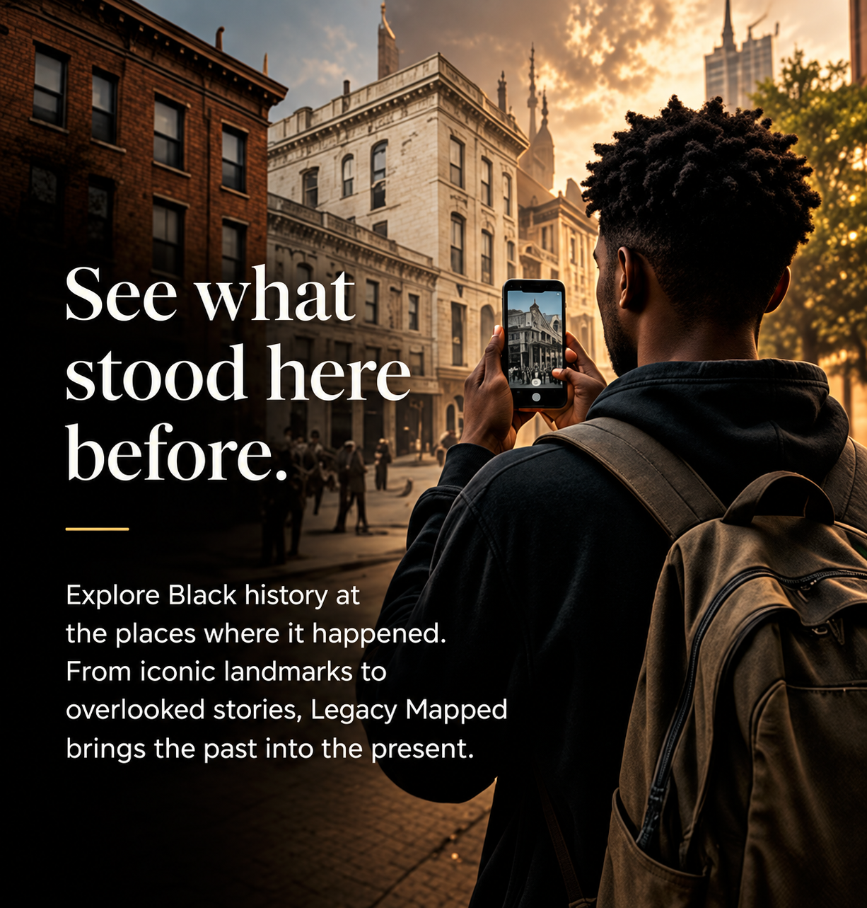 A visitor views historic architecture through a phone. See what stood here before. Explore Black history at the places where it happened. From iconic landmarks to overlooked stories, Legacy Mapped brings the past into the present.